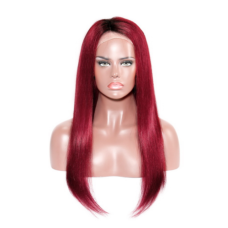 Stema 4x4 Ombre Red Closure Wig Straight Black Root Red Human Remy Hair 150% Density